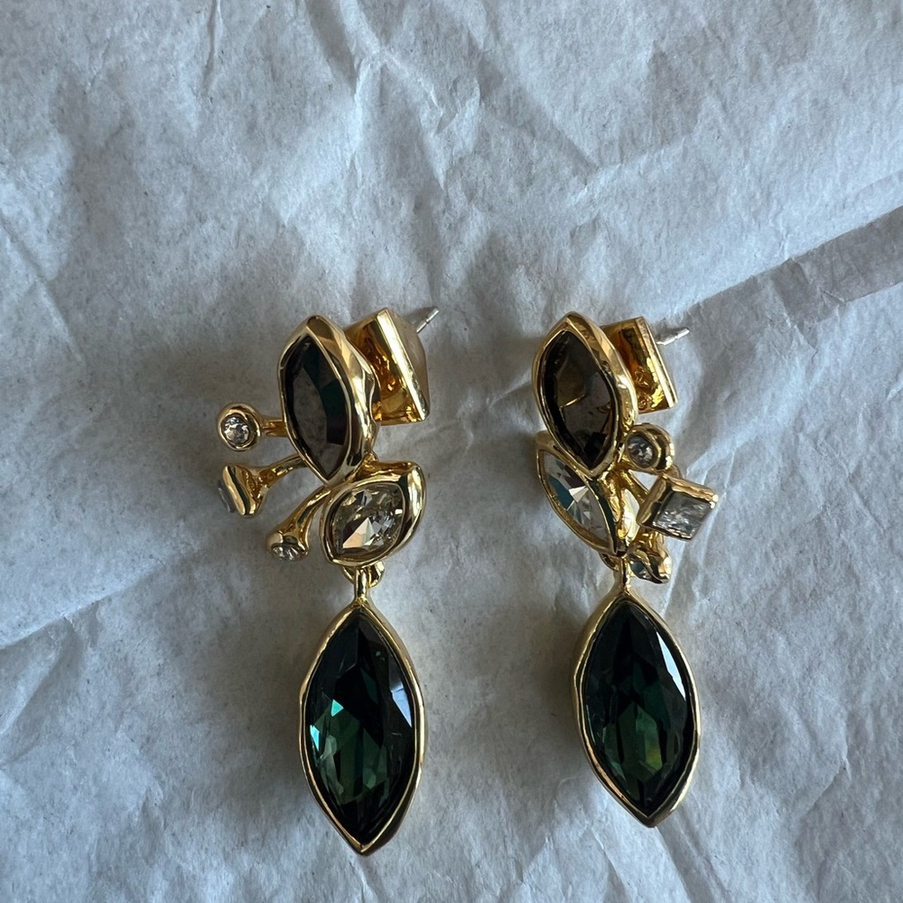 Alexis Bittar Navette Crystal Gold and Dark Green Earrings - Picture 3 of 6